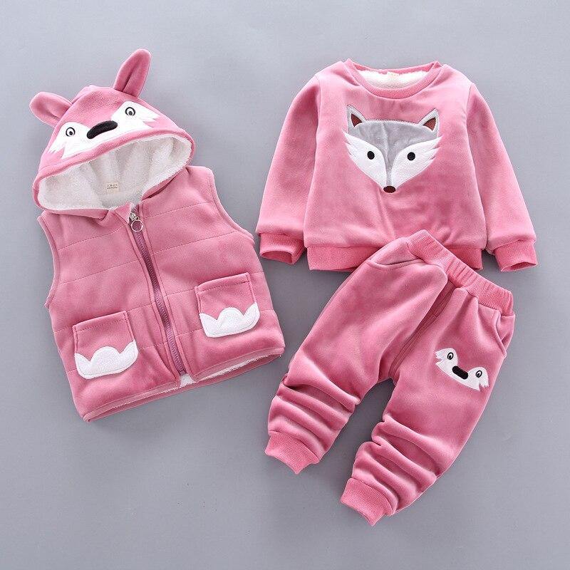 Baby Clothes Winter Thick And Warm Three-piece Cartoon Bear And Fox Printed Sweater Hooded Baby Girl Clothing Set Sweater and Pants