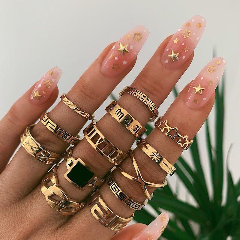 Boho Vintage Gold Star Knuckle Rings For Women BOHO Crystal Star Crescent Geometric Female Finger Rings Set Jewelry