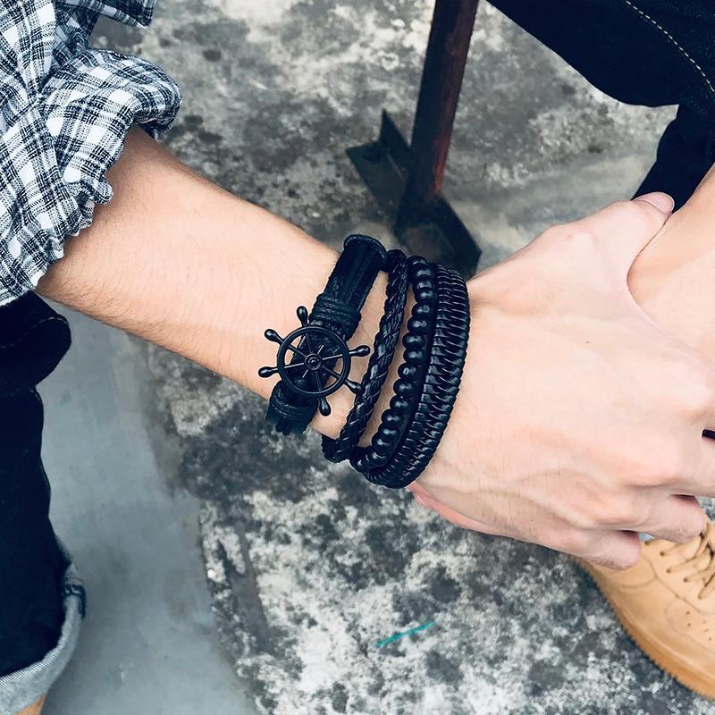 Modern Handmade Braided Wrap Leather Bracelets for Men In Vintage Style With Life Tree Rudder Charm Wood Beads Ethnic Tribal Wristbands