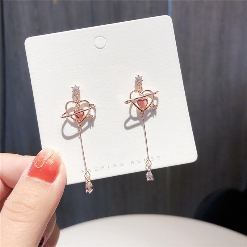 New Elegant Geometric Heart Crystal Long Drop Earrings For Women With Cute Delicate Zircon