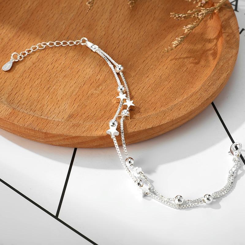 New Modern 925 Sterling Silver Double Layers Stars Beads Luxury Bracelets For Women Elegant Chain Charm Bracelet Birthday Party Gift (silver star)