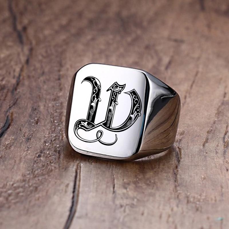 Modern Letter Retro Initials Signet Ring for Men 18mm Bulky Heavy Stamp Male Band Stainless Steel Letters Custom Jewelry Gift for Him