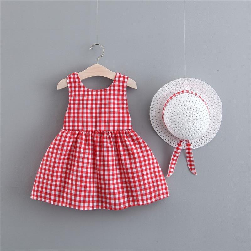 Print Plaid Bow Summer Princess Party Dress Infant Newborn Baby Dress+Hat 2pcs Kids Clothing Set