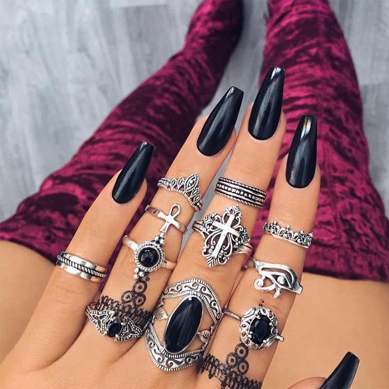 Boho Women Rings Set Compass Arrow Starfish Wave Moon Eyes Gem Gold Silver Color Opening Midi Ring Charm Lady Jewelry