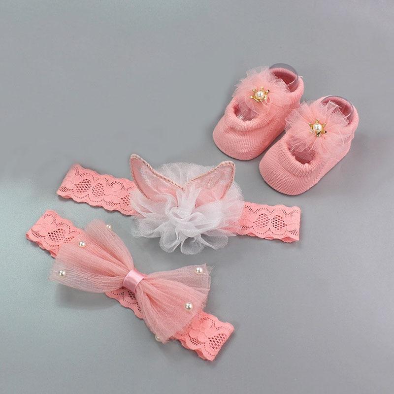 Flower Baby Girl Headband Socks Set Shoes With  Crown Bows Newborn Headbands For Girls Turban Baby Hair Accessories