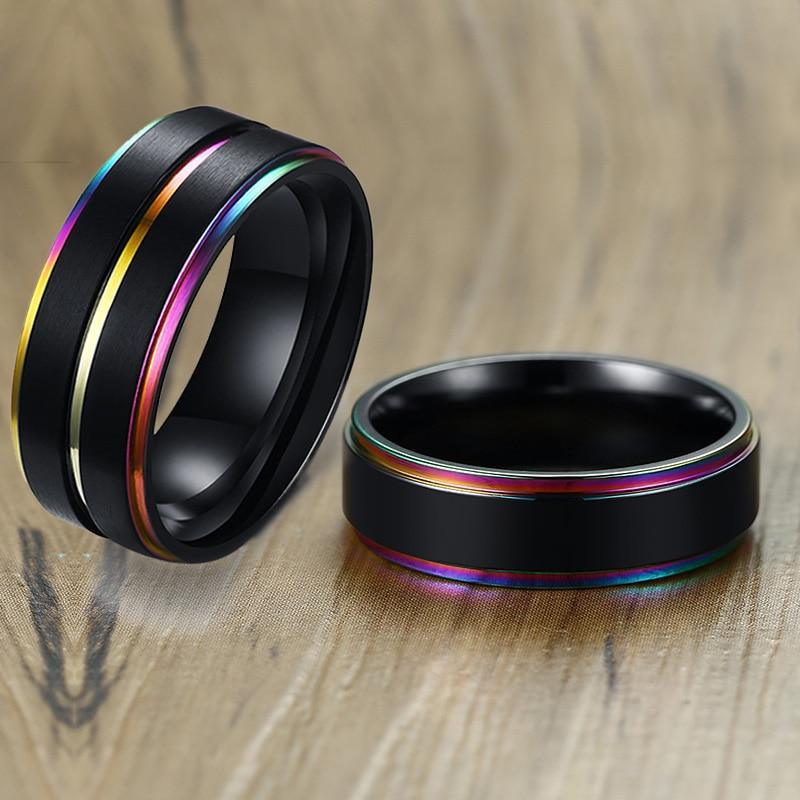 Modern Black Stainless Steel Elegant Ring For Men With Rainbow Line Classic Male Wedding Band Luxury Multi Color Great Jewelry Fraternal Rings