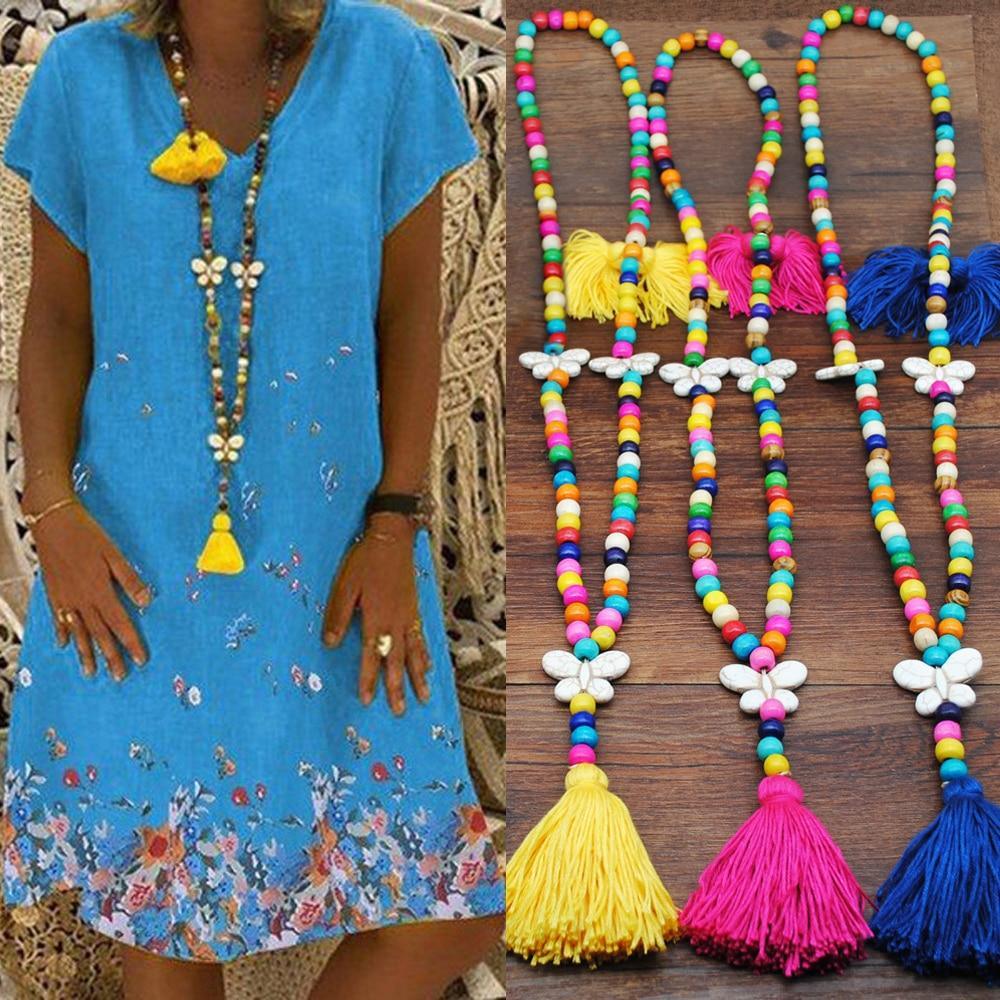 New Modern Bohemian Necklace Luxury Handmade Stones Tassels Elegant Wood Beads Amazing Necklace Long For Women Jewelry Gifts