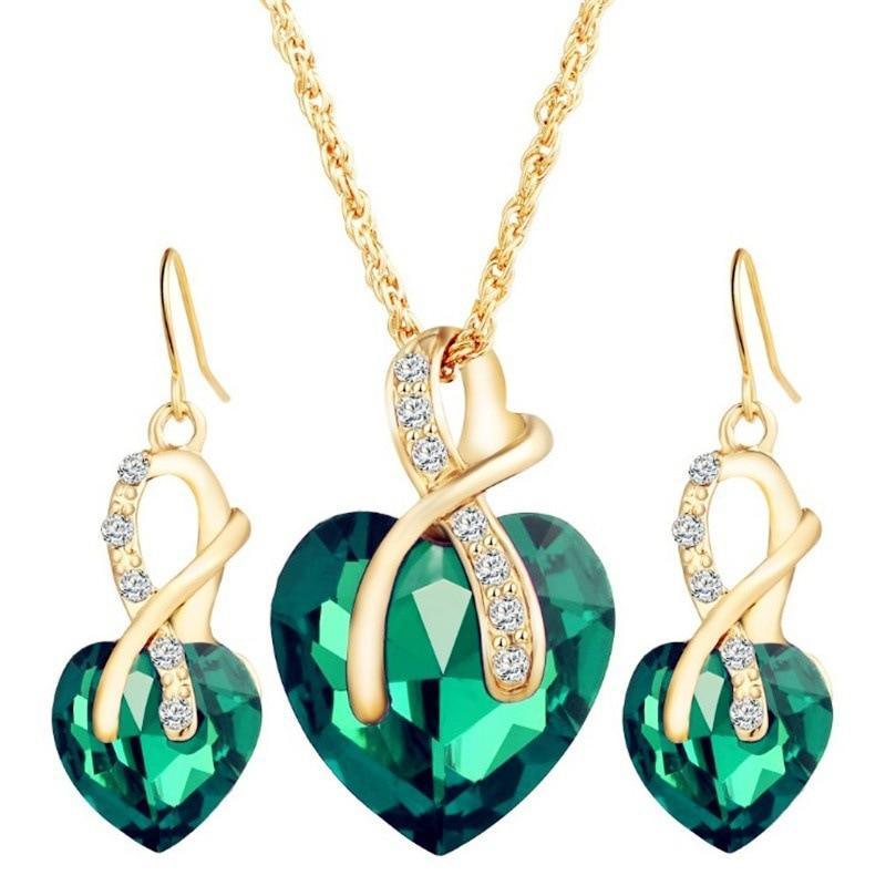 Luxury Fashion Jewelry Gold-color Romantic Austrian Crystal Heart Shape Chain Necklace and Earrings Jewelry Sets For Women