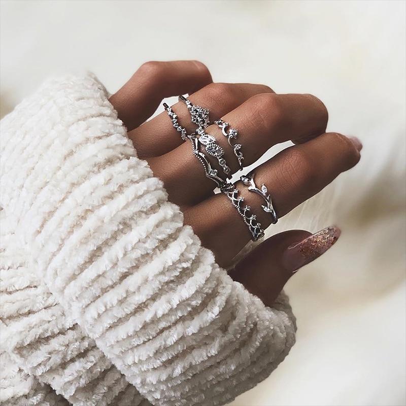 Boho Women Rings Set Compass Arrow Starfish Wave Moon Eyes Gem Gold Silver Color Opening Midi Ring Charm Lady Jewelry