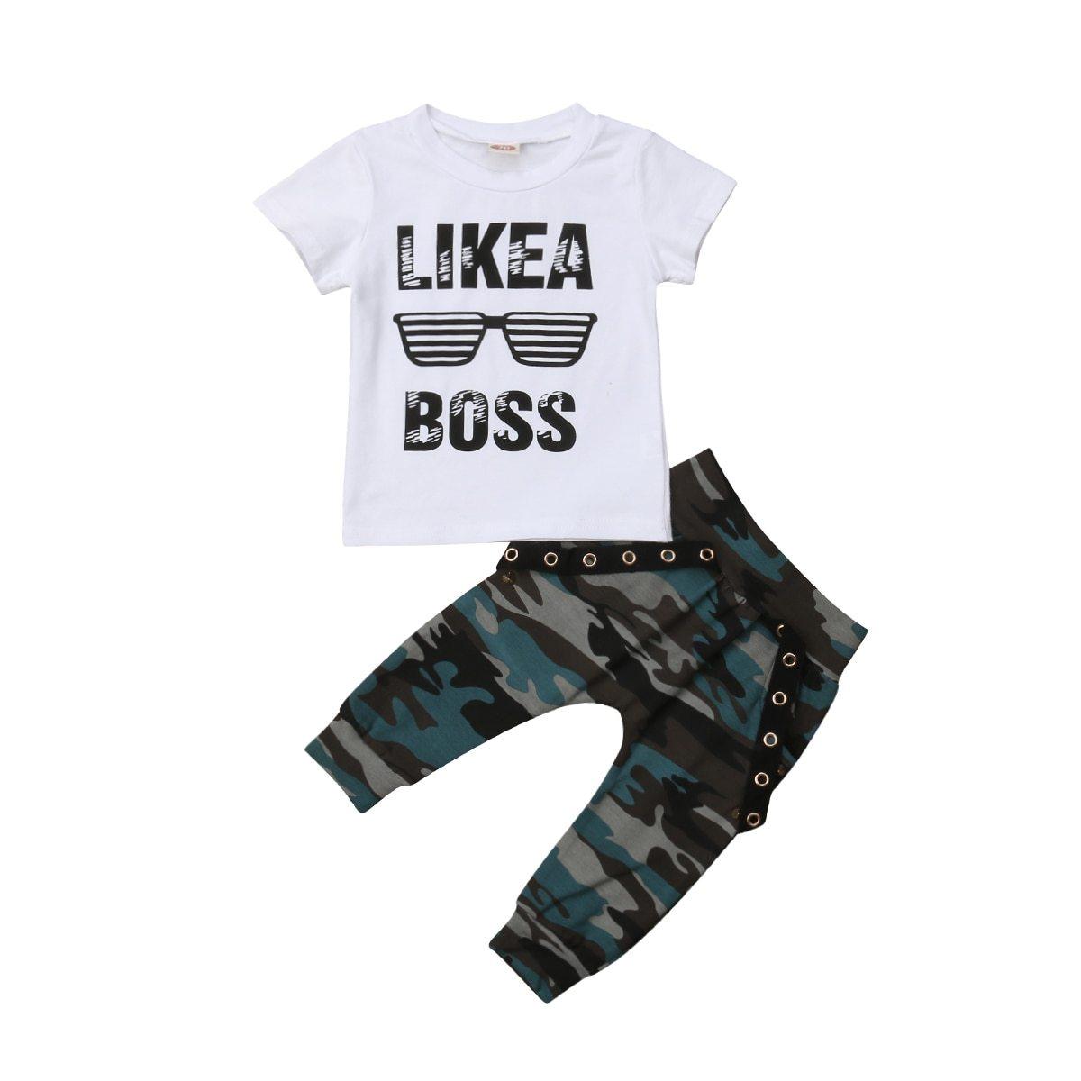 Baby Hip Hop Short Sleeve Summer Toddler Infant Like A Boss Letter Tops T-shirt  and Pants Outfits 2Pcs Ste For Boys