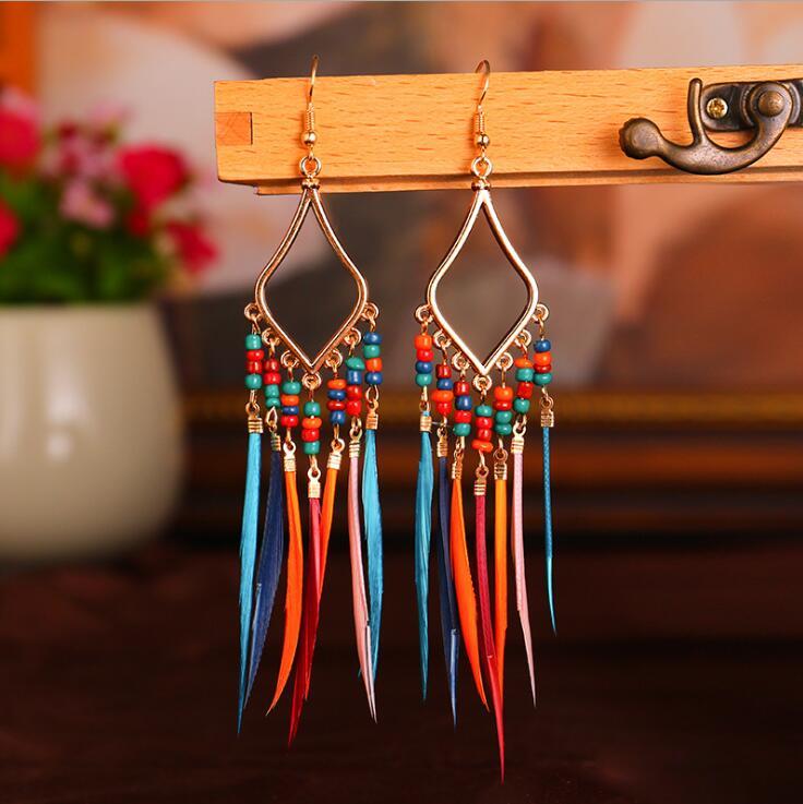 Handmade Modern Elegant Golden Silver Color Ethnic Acrylic Luxury Rainbow Beads Feather Drop Earrings for Women Boho Jewlery