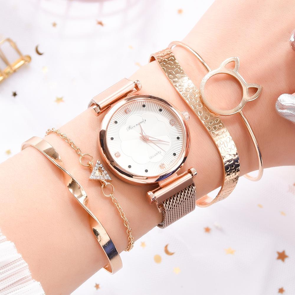 Fashion Set Women Watches Luxury Magnet Buckle Flower Rhinestone Watch Ladies Quartz Wrist Watch  WIth Bracelet In Set For Women and Girls