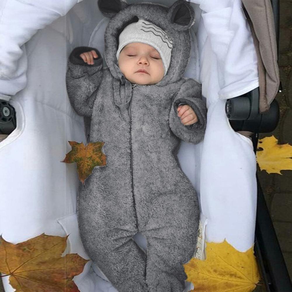 New Winter Trend Warm Newborn Baby Boy Solid Hooded Baby Romper Warm Coat Fleece Jumpsuit Infant Outwear For Boys And Girls