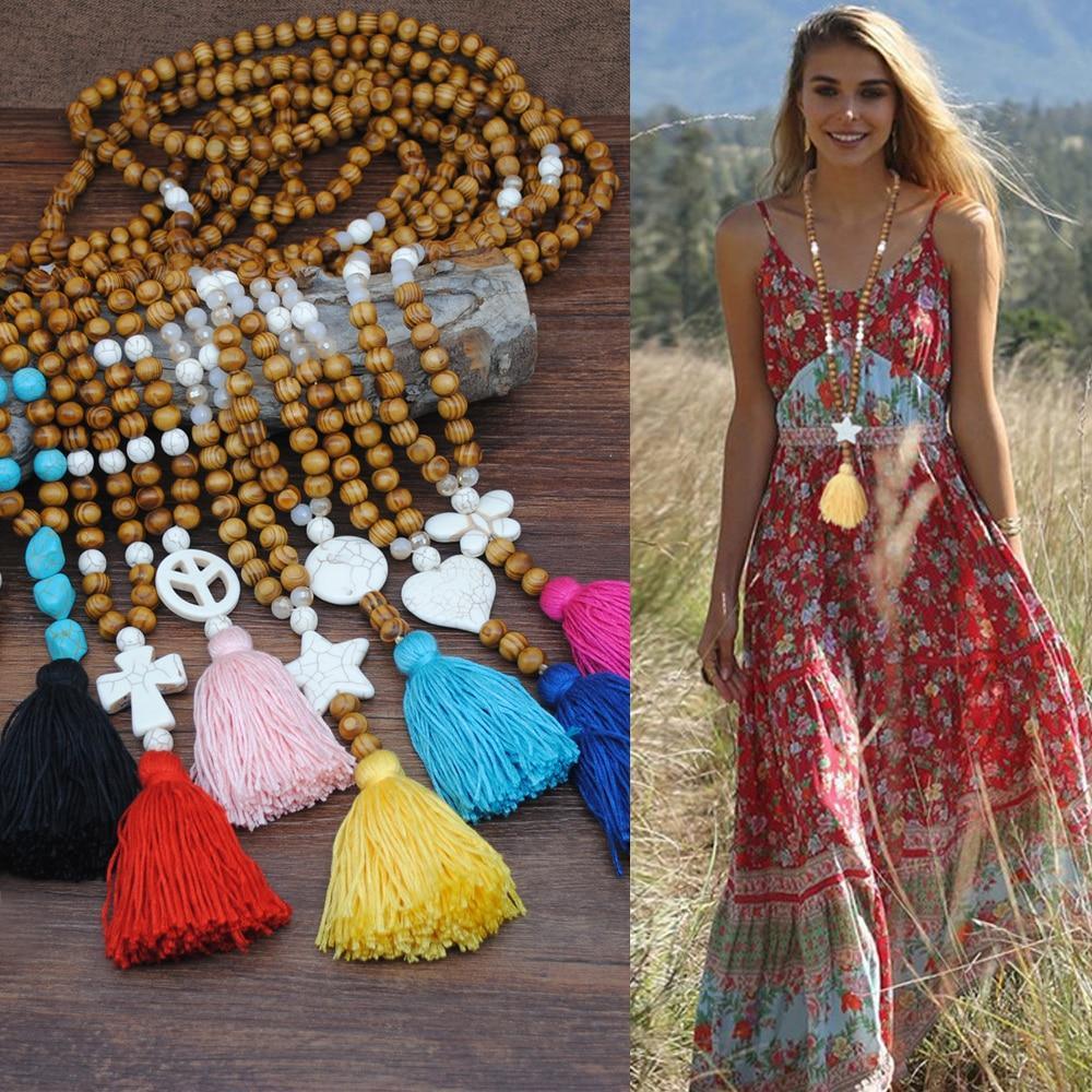 New Modern Bohemian Necklace Luxury Handmade Stones Tassels Elegant Wood Beads Amazing Necklace Long For Women Jewelry Gifts