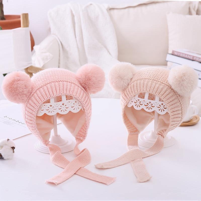 Handmade Modern Trend Winter  Christmas Knitted Baby Hat Cute Double Pompom Infant Baby Boy Girl Cap Ear Protection Hats Kids Children Cap