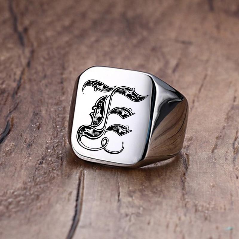 Modern Letter Retro Initials Signet Ring for Men 18mm Bulky Heavy Stamp Male Band Stainless Steel Letters Custom Jewelry Gift for Him