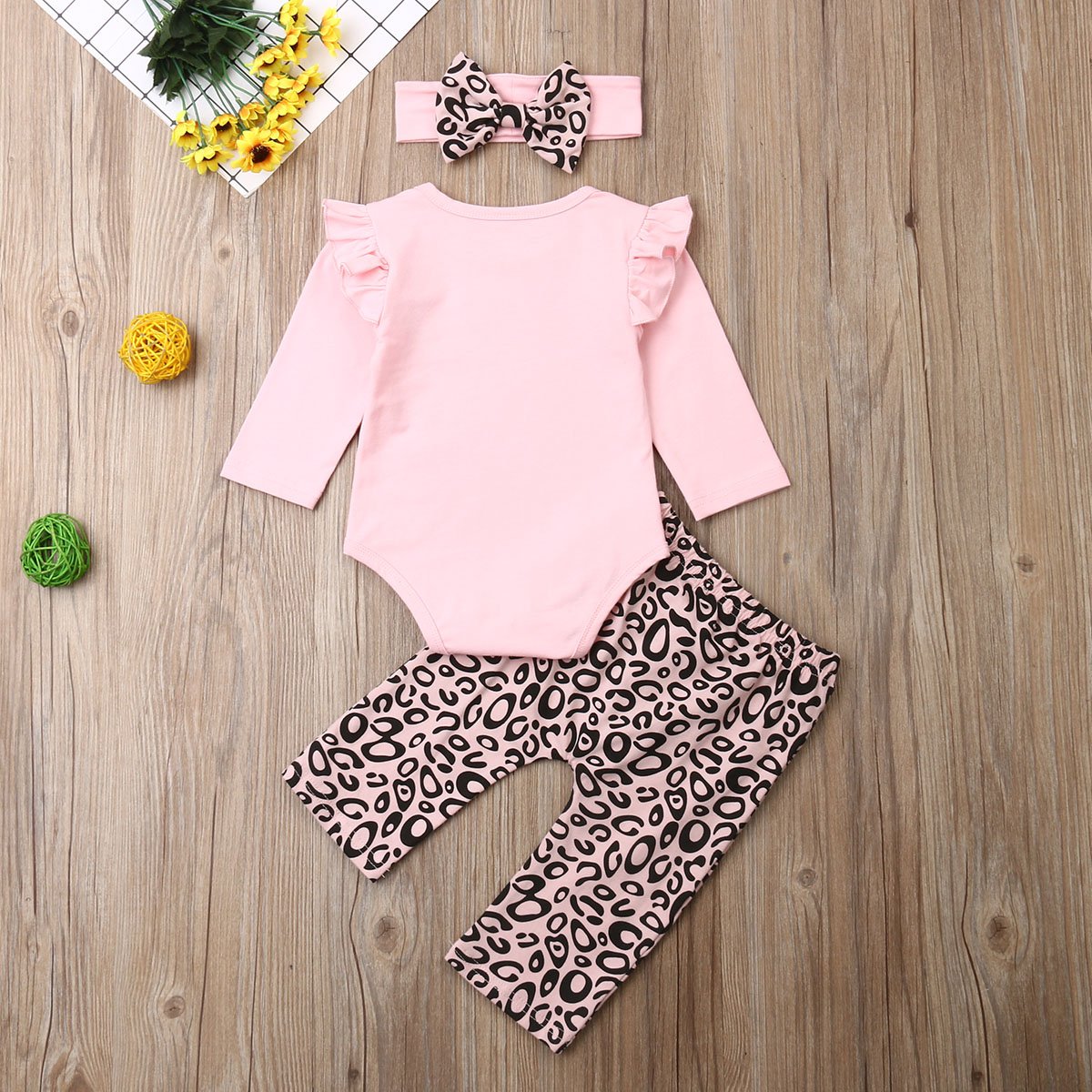 Newborn Baby Girl Clothes Fly Sleeve Knitting Cotton Romper Tops Leopard Print Long Pants Headband 3Pcs Outfits Clothes