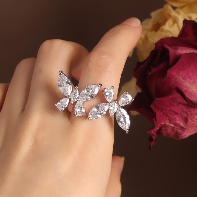 New Design Fashion Jewelry Opening High-Grade  Zircon Butterfly Ring Luxury Shiny Cocktail Party Ring For Women