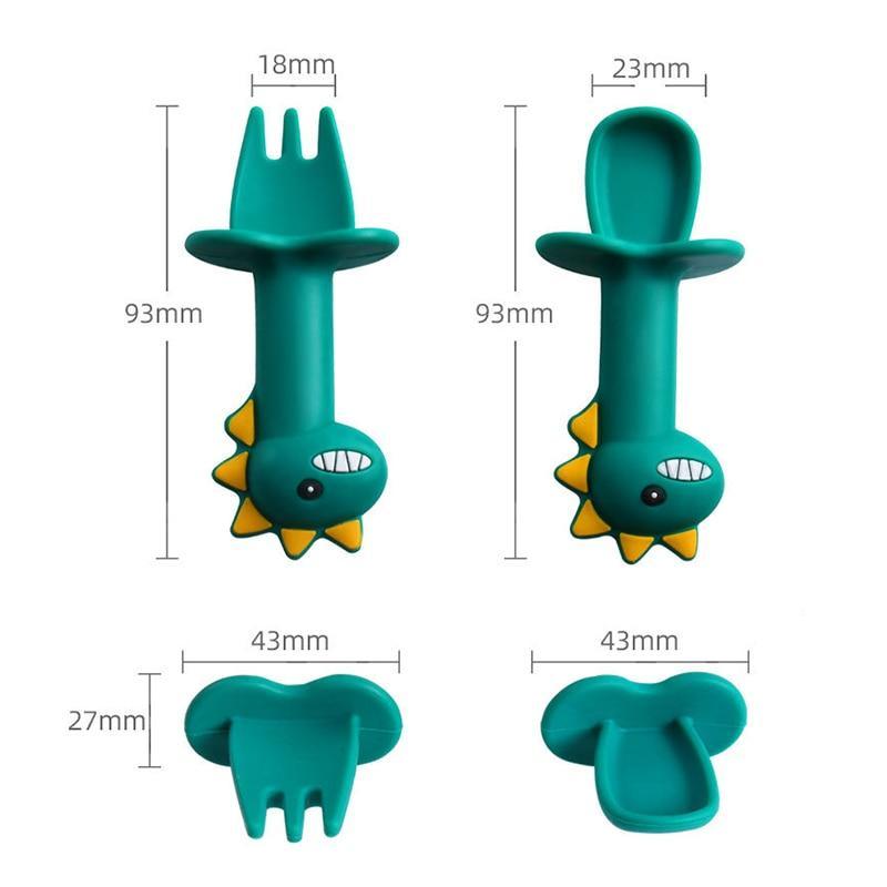 New Baby Feeding Spoon Fork Set Short Easy  Cartoon Dinosaur Soft Silicone  Teether Toys Non-hurt Training Tableware