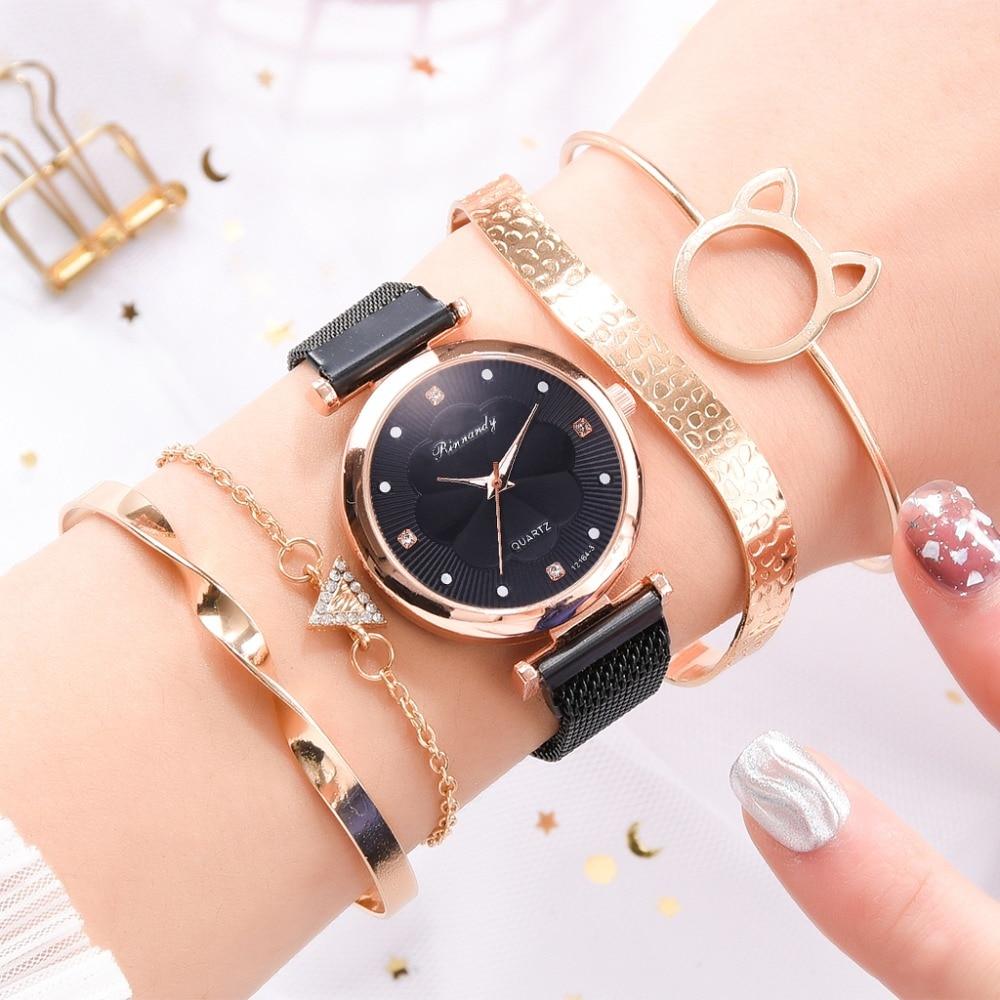 Fashion Set Women Watches Luxury Magnet Buckle Flower Rhinestone Watch Ladies Quartz Wrist Watch  WIth Bracelet In Set For Women and Girls