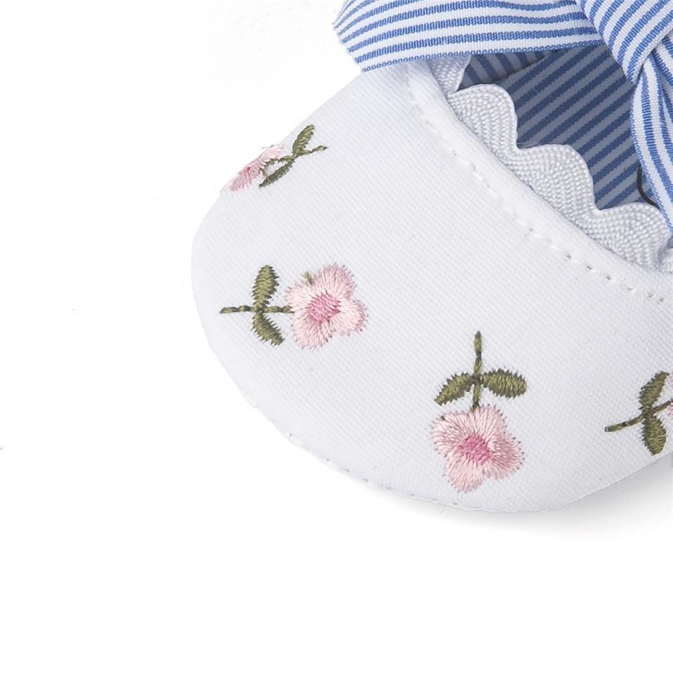 Baby Girl Newborn Shoes Floral Embroidery Striped Bowknot First Walker Soft Soles Anti-Slip Princess Shoes