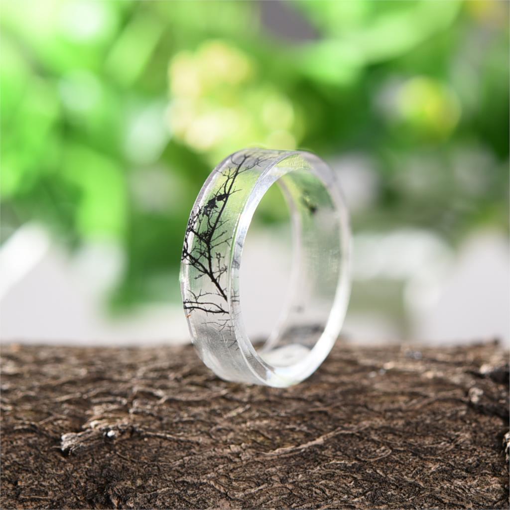 Transparent Resin Ring Elegant Tree And Birds Ink Luxury Painting Scenery Inside Apstact for Women Finger