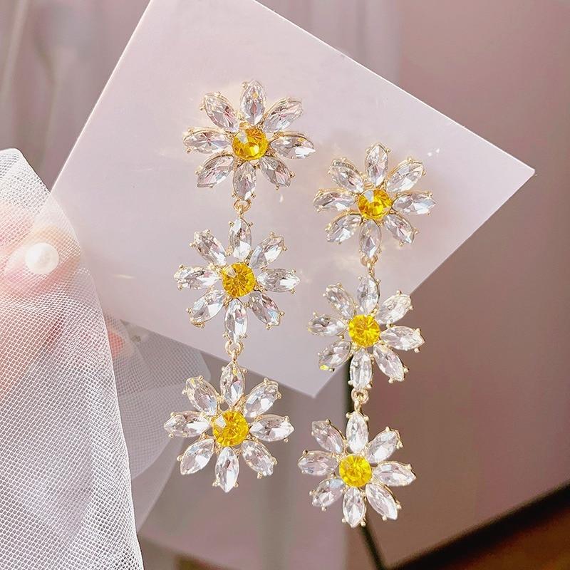 New Korean Elegant Yellow Crystal Flower Petal Tassel Drop Luxury Earrings For Women And Students Modern Fashion Party Jewelry