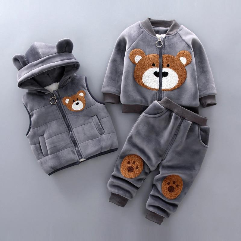 Baby Clothes Winter Thick And Warm Three-piece Cartoon Bear And Fox Printed Sweater Hooded Baby Girl Clothing Set Sweater and Pants