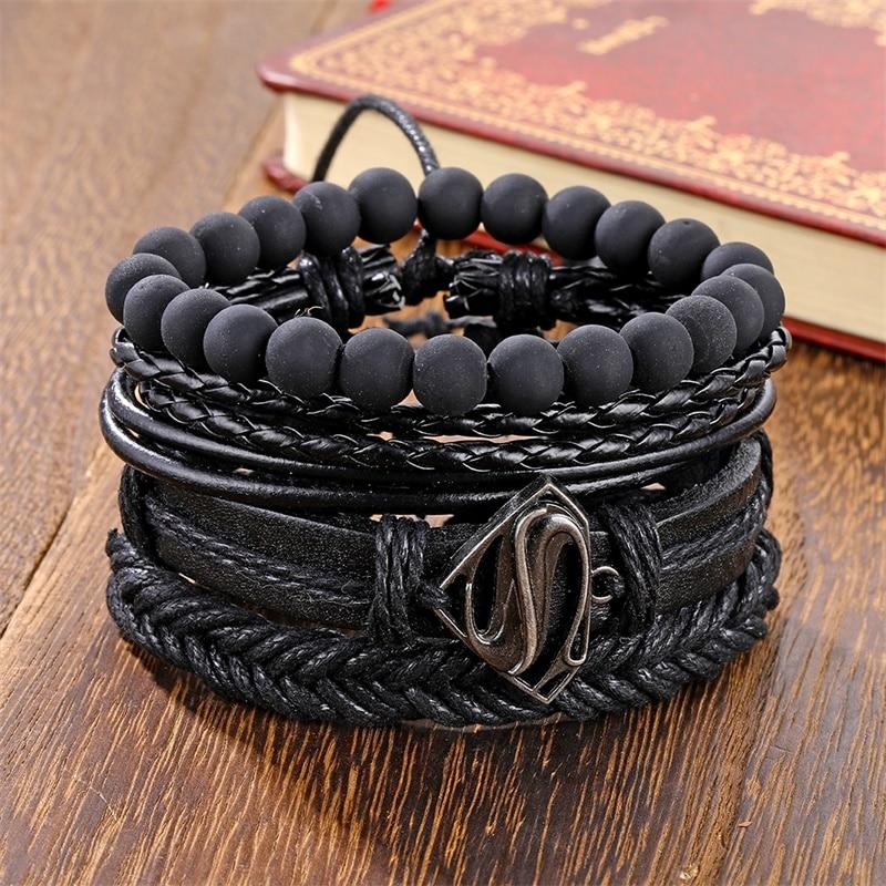 Vintage Black Bead Bracelets For Men Fashion Hollow Triangle Leather Bracelet & Bangles Multilayer Wide Wrap Jewelry For Men and Women