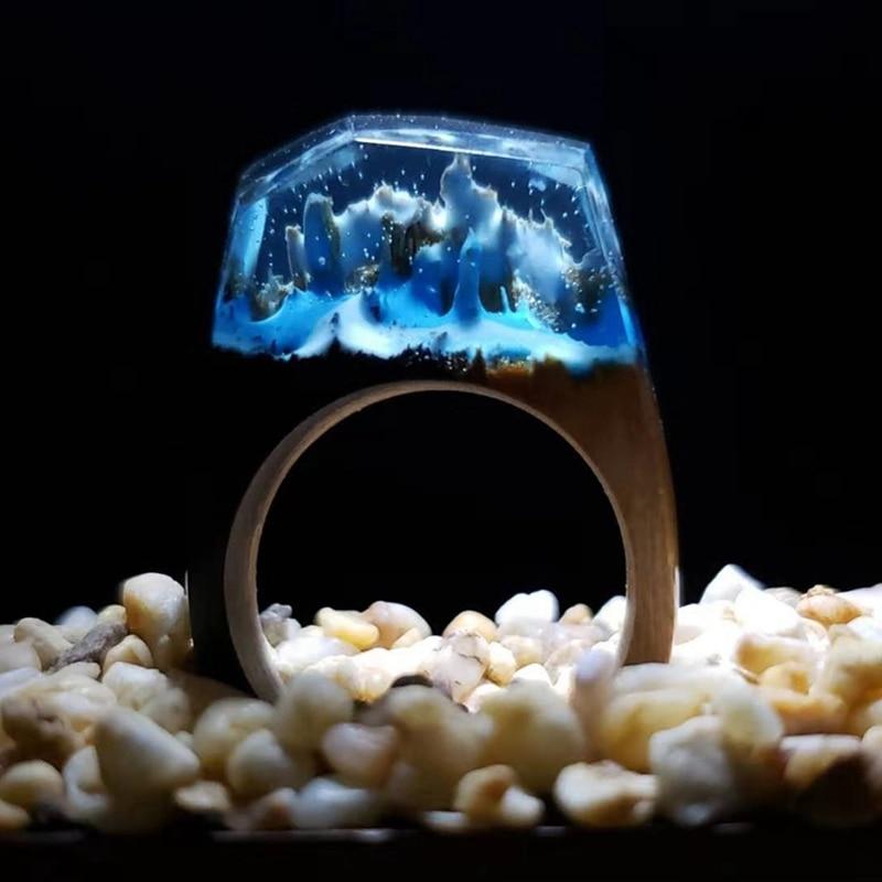 Luxury Handmade Unique Unisex Ring For Womens and Men  Wood Resin Ring Handmade Snowy Mountain Forest Micro Landscape Wooden Rings