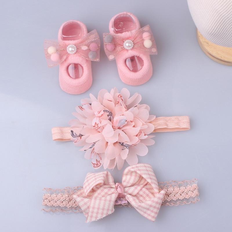 Flower Baby Girl Headband Socks Set Shoes With  Crown Bows Newborn Headbands For Girls Turban Baby Hair Accessories