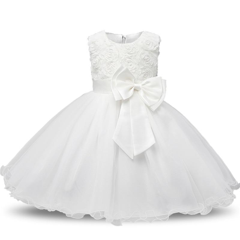 Handmade Luxury New Elegant Girls White First Birthday Party Wear 3D Rose Flower Dress Toddler Girl IWth Big Bow