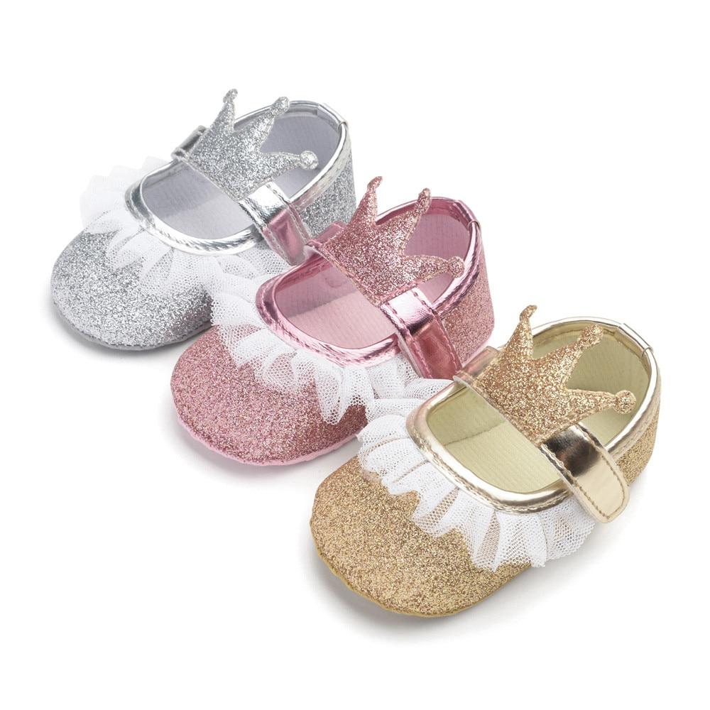 Newborn Infant Baby Girls Shoes Toddler Kids Princess Crown Glitter Design Shoes Soft Sole Anti-slip