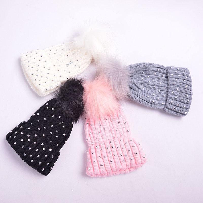 Luxury Baby Kids Pompom Newborn Baby Hat Cap Knitted Warm Hats With Rhinestone for Baby Girl/Boy Beanie Soft Toddler Hat