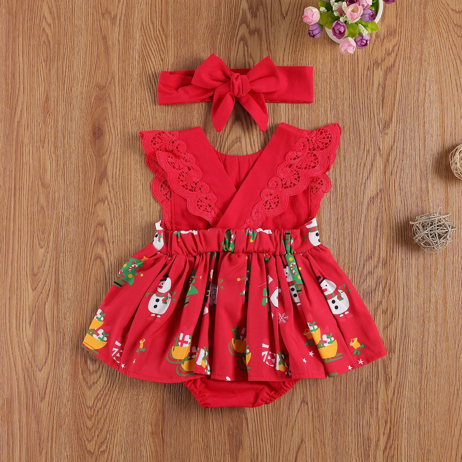 0-24M Baby Girls Romper Dress Lace Short Sleeve Cartoon Print Jumpsuits Headband Unique Design