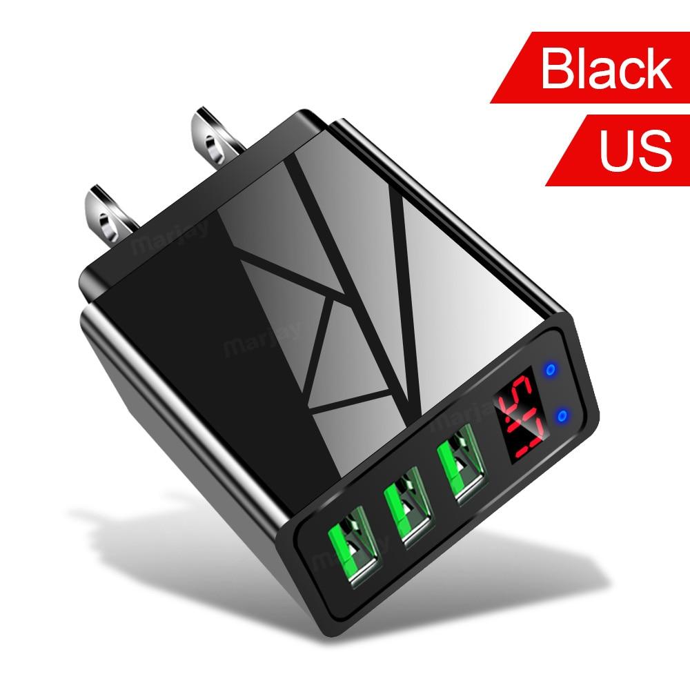 3 Ports Black USB Charger EU US Plug LED Display 3.1A Fast Charging Smart Mobile Phone Charger