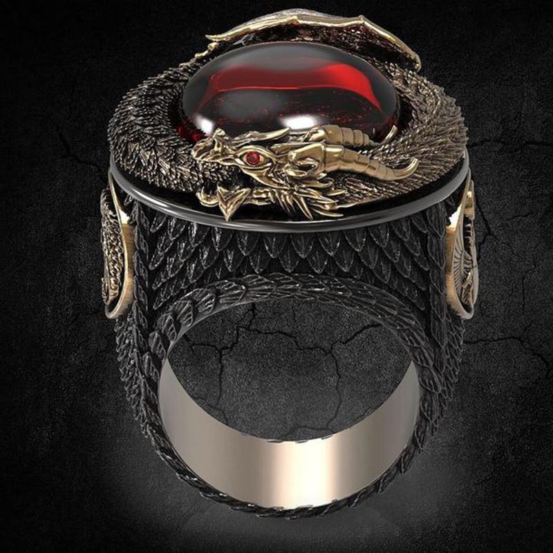 Vintage Gothic Dragon Phoenix Rings For Men Red Zircon In Rock Punk Ring Personality Creative Cocktail Party Rings Jewelry Design