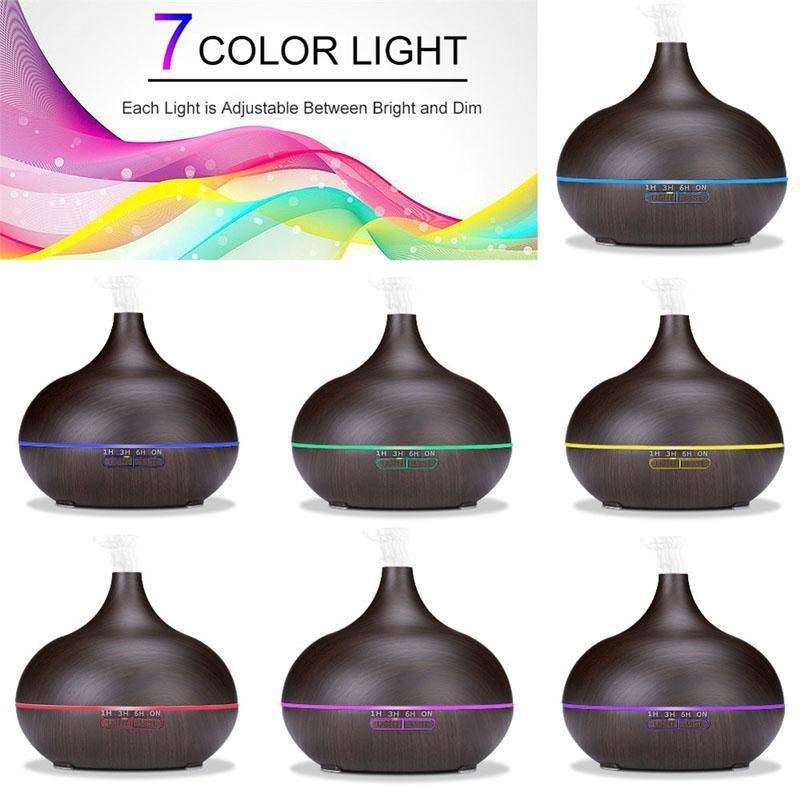 550ml Aromatherapy Essential Oil Diffuser Wood Grain Remote Control Ultrasonic Air Humidifier Cool Mister with 7 Color LED Light Baby Bedroom, Waterless Auto Shut-Off, 7 Colors Lights Changing