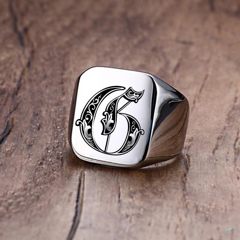 Modern Letter Retro Initials Signet Ring for Men 18mm Bulky Heavy Stamp Male Band Stainless Steel Letters Custom Jewelry Gift for Him