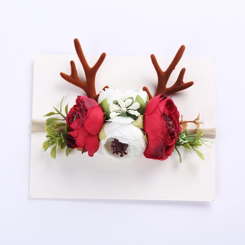 Luxury Christmas Antler Baby Girl Headbands Hair Accessories Xmas Deer Ear Flower Crown Hairband for Newborn Baby