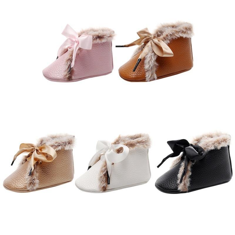 Baby PU Boots Winter Anti-slip Warm First Walkers Soft Soled Booties Toddler Bowknot Lace-up Shoes