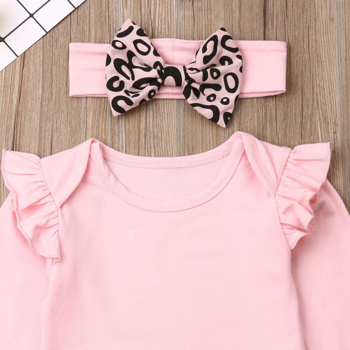 Newborn Baby Girl Clothes Fly Sleeve Knitting Cotton Romper Tops Leopard Print Long Pants Headband 3Pcs Outfits Clothes