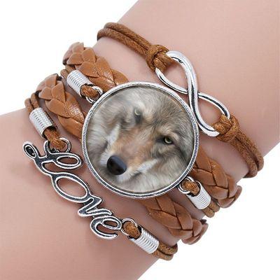 Classic Retro Wolf Head Elegant Bracelet Leather Bangle Luxury Bracelet Jewelry Boho Glass Moon Men Wrap Bangles For Men Women