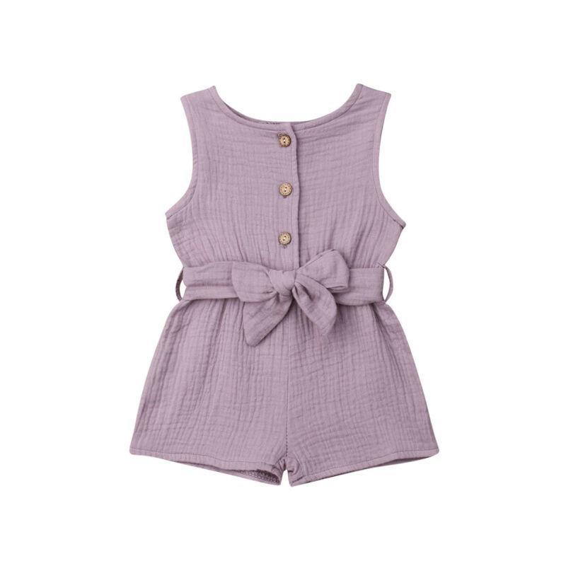 Newborn Baby Girl Kids Solid Romper Jumpsuit Playsuit Sleeveless Bow Belt Clothes Outfit For Summer