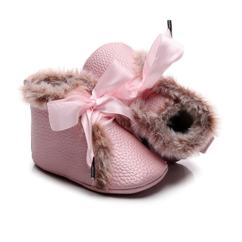 Baby PU Boots Winter Anti-slip Warm First Walkers Soft Soled Booties Toddler Bowknot Lace-up Shoes