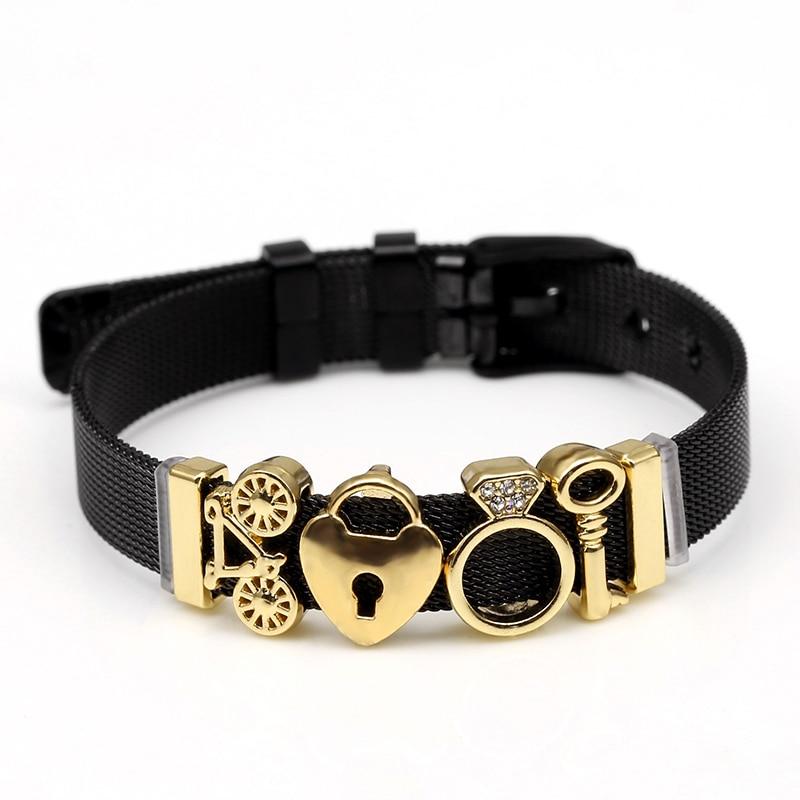 Black Stainless Steel Mesh Bracelets Elegant For Women Men Couples Lover Gold Rose Gold Star Bears Anchor Charm Watch Belt Bangle