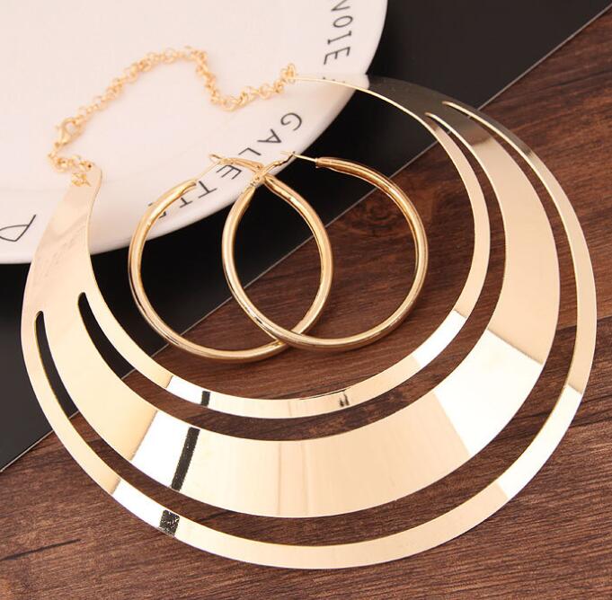 Trendy Gold Metal Torques Necklace Round Earrings Sets Women Party Statement Jewelry Dress Accessories Style