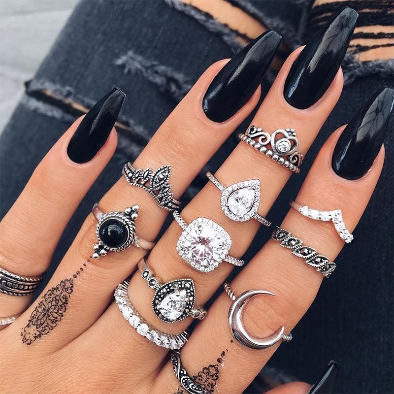 Boho Women Rings Set Compass Arrow Starfish Wave Moon Eyes Gem Gold Silver Color Opening Midi Ring Charm Lady Jewelry