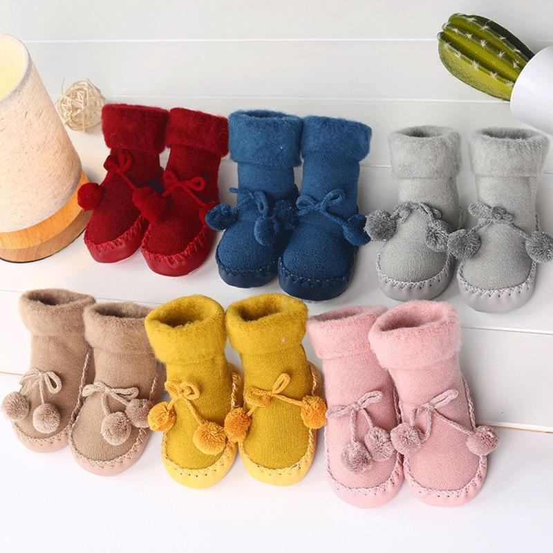 Warm Baby Shoes Newborn Autumn Winter Children Anti Slip Soft Solid Thicken Comfortable Butterfly Knot Shoes For Boys And Girls