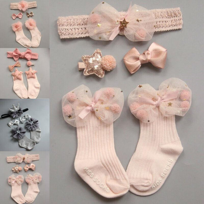 4PCS/SET Newborn Baby Girl Socks Ankle Princess Anti Slip Socks+Headband+Hair Pin For Baby